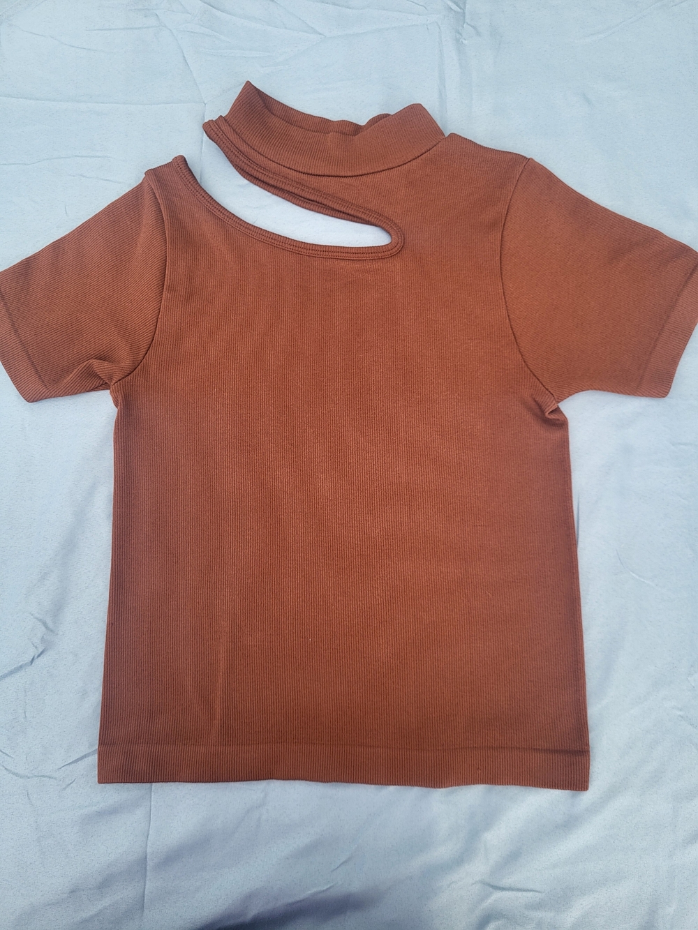 Asymmetric Cutout Mock Neck Short Sleeve Top - Rust